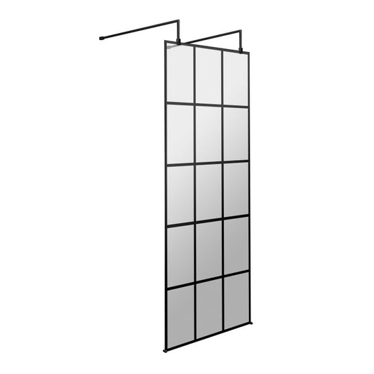 Fairford 8mm, Matt Black Grid Wetroom Shower Screen with 2 Support Arms - 1950mm High