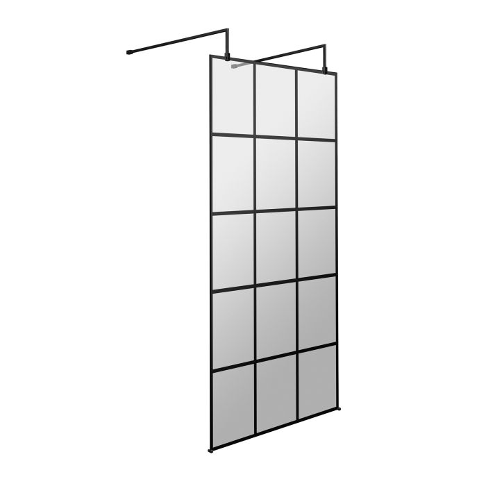 Fairford 8mm, Matt Black Grid Wetroom Shower Screen with 2 Support Arms - 1950mm High