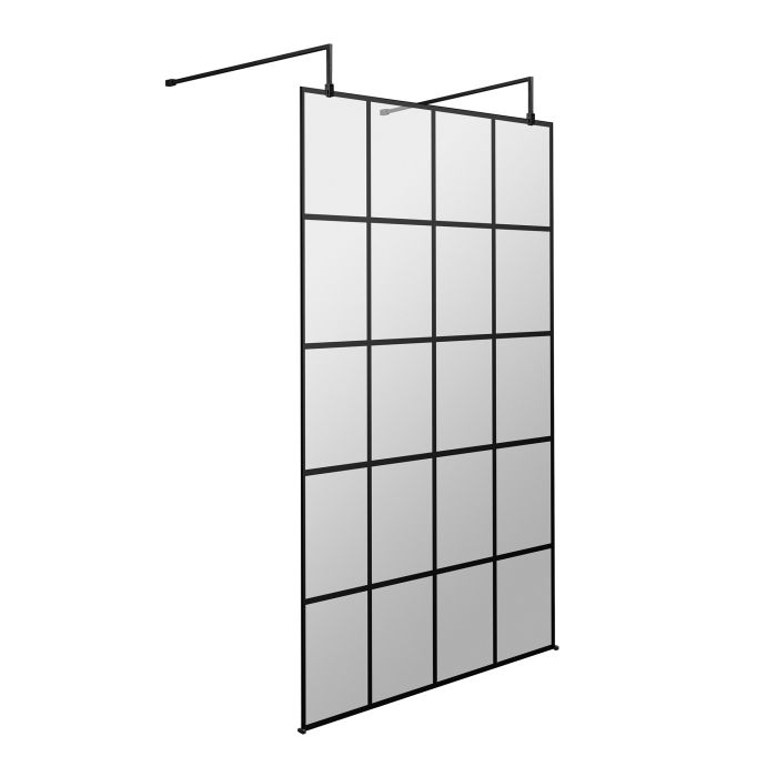 Fairford 8mm, Matt Black Grid Wetroom Shower Screen with 2 Support Arms - 1950mm High