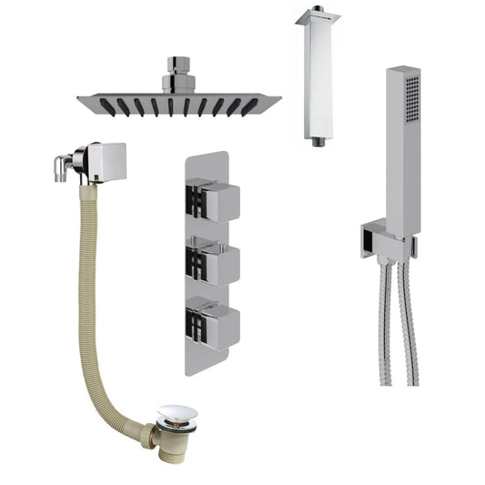 Pour Una Concealed Shower Kit with Handset, Ceiling Mounted Rain Head and Bath Overflow Filler, Chrome