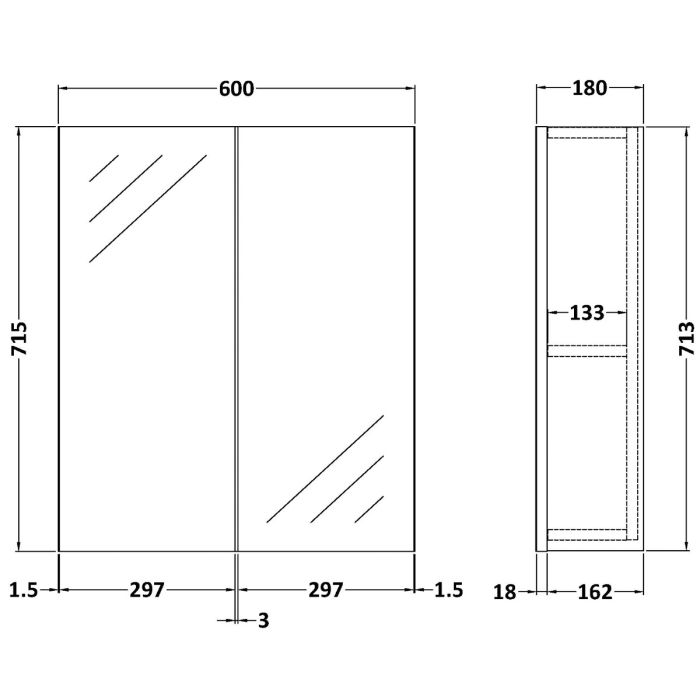 Fairford Union 600mm Slimline Grey Gloss Double Door Mirror Unit