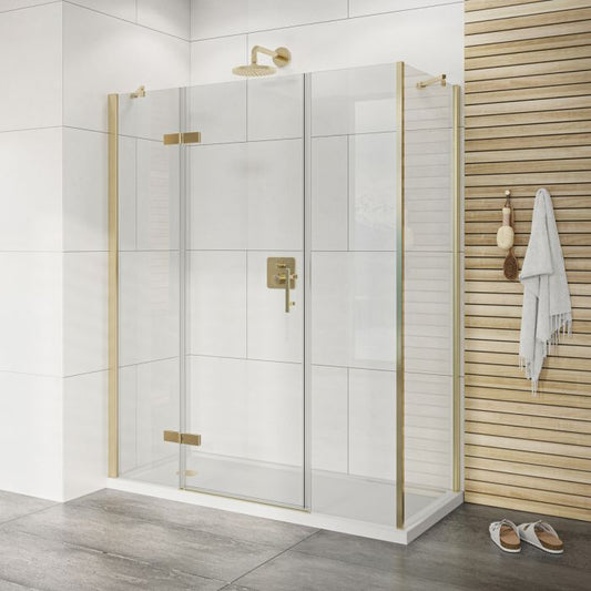 Fairford Pro 8 Brushed Brass Frameless 8mm Hinged Door Enclosure with 2 Inline Panels