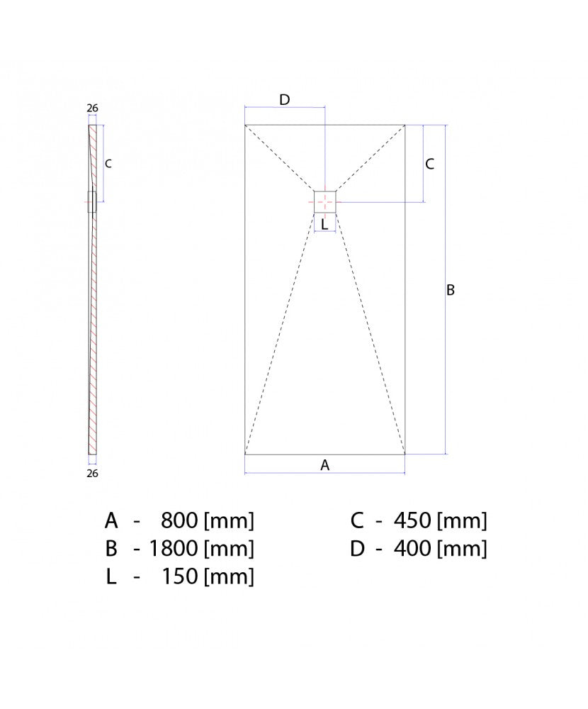 Wet Room Shower Tray 800 x 1800 x 26 mm Offset FastFlow