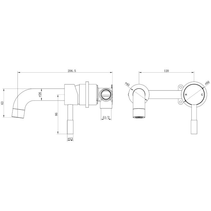 Fairford Element 5 Matt Black Wall Mount Basin Mixer, 2 Hole