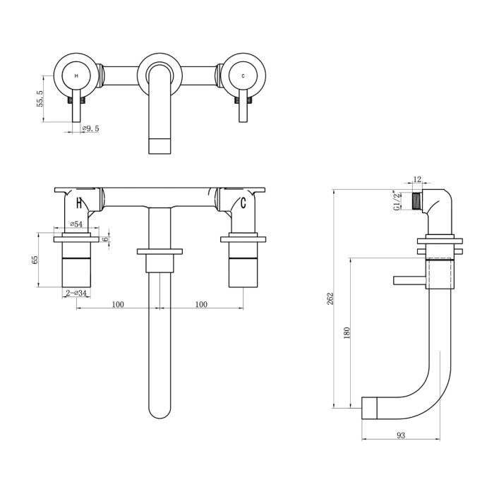 Fairford Element 5 Matt Black Wall Mount Basin Mixer, 3 Hole