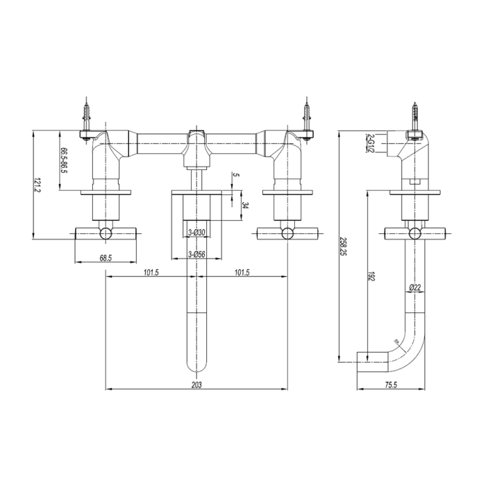 Crosswater MPRO 3 Hole Chrome Wall Mounted Crosshead Basin Mixer