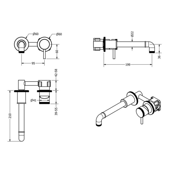 Crosswater MPRO Industrial 2 Hole Chrome Wall Mounted Basin Mixer